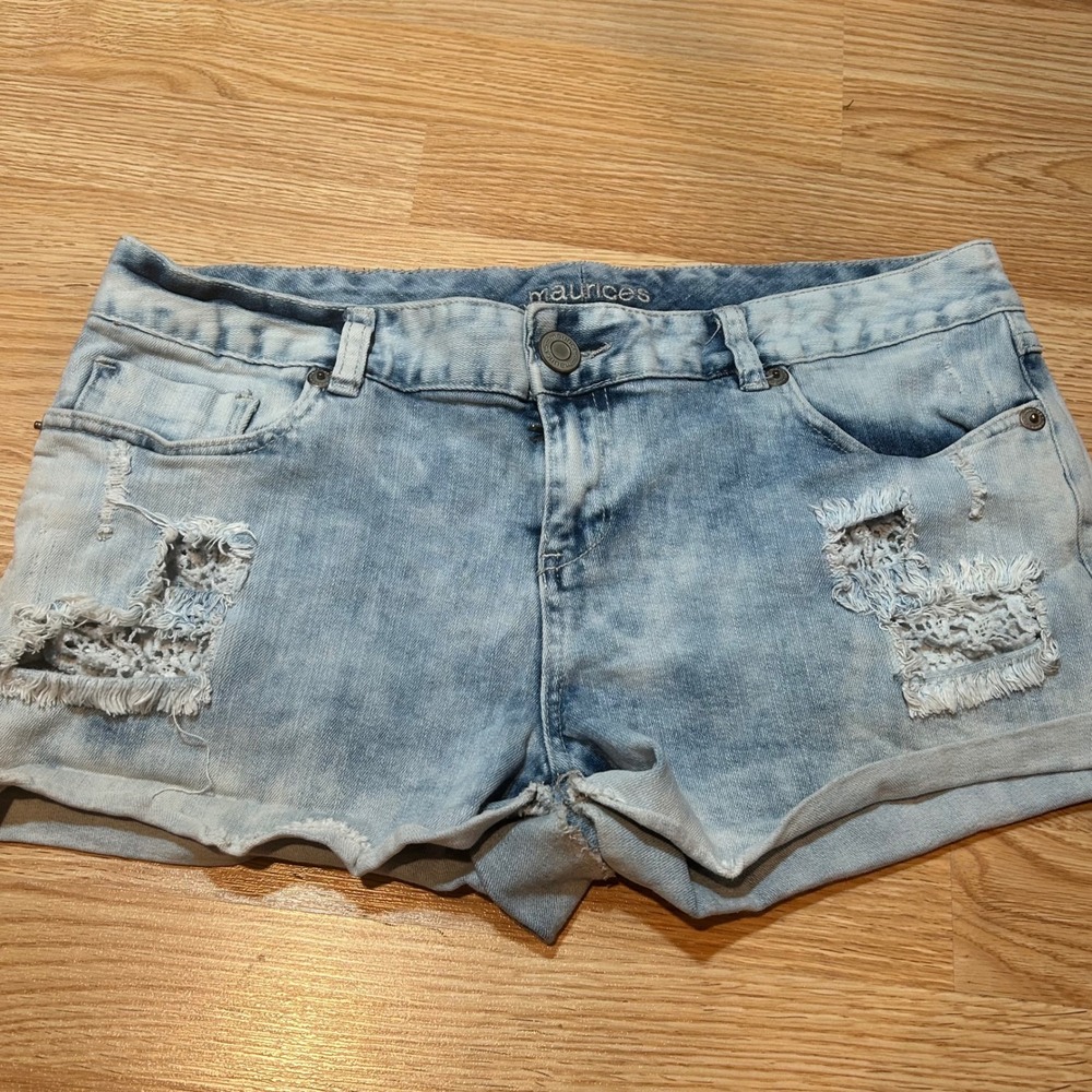 Maurices Distressed Lace Inset Denim Shorts Light Wash Size 13/14 REG